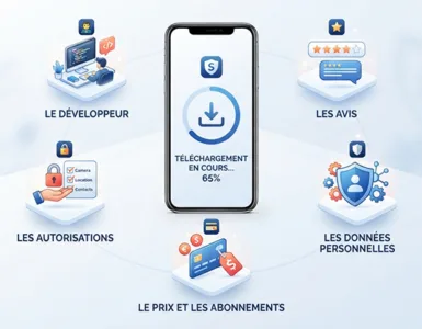 Avant de télécharger une application : image ou photo d'un smartphone au centre de l’image, avec une application en cours de téléchargement à l’écran. Autour, 5 icônes flottantes qui représentent les points à vérifier : le développeur, les avis, les autorisations, les données personnelles, le prix et les abonnements.