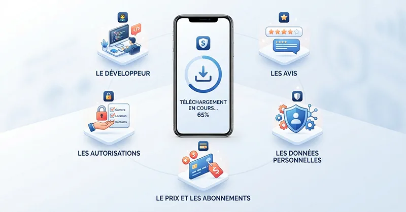 Avant de télécharger une application : image ou photo d'un smartphone au centre de l’image, avec une application en cours de téléchargement à l’écran. Autour, 5 icônes flottantes qui représentent les points à vérifier : le développeur, les avis, les autorisations, les données personnelles, le prix et les abonnements.
