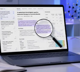 Elicit : image ou photo montrant un ordinateur portable affichant plusieurs articles scientifiques.