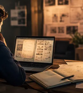 Genario : image ou photo montrant un bureau créatif, moderne et cinématographique. Au centre, un auteur est assis devant un ordinateur portable. L’écran diffuse une lumière douce avec des éléments visuels liés à l’écriture : pages de scénario, notes, idées, traits lumineux, storyboard. Autour, on voit un carnet, un stylo, une caméra et quelques feuilles.