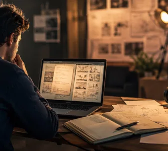 Genario : image ou photo montrant un bureau créatif, moderne et cinématographique. Au centre, un auteur est assis devant un ordinateur portable. L’écran diffuse une lumière douce avec des éléments visuels liés à l’écriture : pages de scénario, notes, idées, traits lumineux, storyboard. Autour, on voit un carnet, un stylo, une caméra et quelques feuilles.