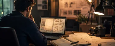 Genario : image ou photo montrant un bureau créatif, moderne et cinématographique. Au centre, un auteur est assis devant un ordinateur portable. L’écran diffuse une lumière douce avec des éléments visuels liés à l’écriture : pages de scénario, notes, idées, traits lumineux, storyboard. Autour, on voit un carnet, un stylo, une caméra et quelques feuilles.