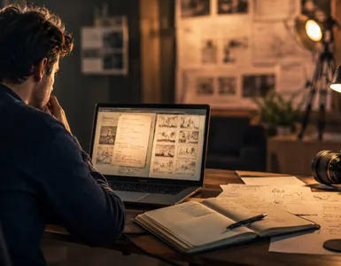 Genario : image ou photo montrant un bureau créatif, moderne et cinématographique. Au centre, un auteur est assis devant un ordinateur portable. L’écran diffuse une lumière douce avec des éléments visuels liés à l’écriture : pages de scénario, notes, idées, traits lumineux, storyboard. Autour, on voit un carnet, un stylo, une caméra et quelques feuilles.