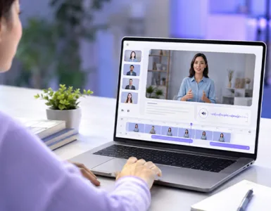 HeyGen : image ou photo d'une personne devant un ordinateur portable, sans caméra ni studio de tournage. Sur l'écran, un avatar ia réaliste présente une vidéo professionnelle.