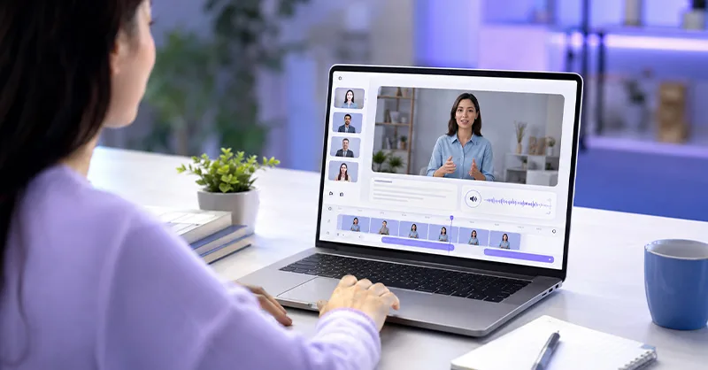 HeyGen : image ou photo d'une personne devant un ordinateur portable, sans caméra ni studio de tournage. Sur l'écran, un avatar ia réaliste présente une vidéo professionnelle.