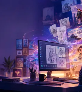 LlamaGen : image ou photo montrant un créateur devant un ordinateur, ses idées écrites se transformant en personnages, scènes de bande dessinée et illustrations flottantes grâce à l’intelligence artificielle.