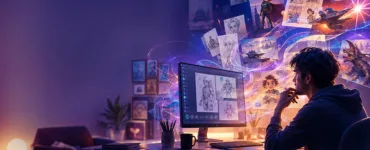 LlamaGen : image ou photo montrant un créateur devant un ordinateur, ses idées écrites se transformant en personnages, scènes de bande dessinée et illustrations flottantes grâce à l’intelligence artificielle.