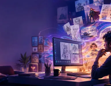 LlamaGen : image ou photo montrant un créateur devant un ordinateur, ses idées écrites se transformant en personnages, scènes de bande dessinée et illustrations flottantes grâce à l’intelligence artificielle.