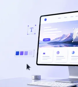 Lunacy : image ou photo représentant un écran d’ordinateur avec une maquette de site web moderne en cours de conception, comprenant un menu, des boutons, des cartes, des images et des blocs de texte.
