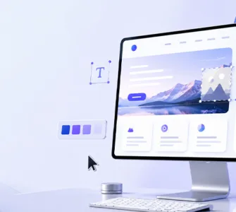 Lunacy : image ou photo représentant un écran d’ordinateur avec une maquette de site web moderne en cours de conception, comprenant un menu, des boutons, des cartes, des images et des blocs de texte.
