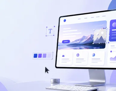 Lunacy : image ou photo représentant un écran d’ordinateur avec une maquette de site web moderne en cours de conception, comprenant un menu, des boutons, des cartes, des images et des blocs de texte.