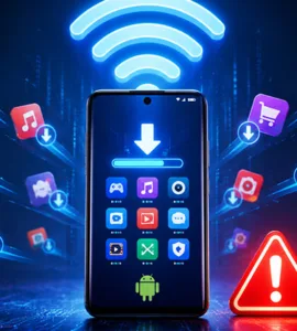 Mon téléphone : une image ou photo d'un smartphone Android au centre de l’image, connecté à un symbole Wi-Fi lumineux. Autour de l’écran, plusieurs icônes d’applications apparaissent et semblent se télécharger toutes seules.