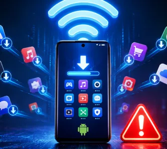 Mon téléphone : une image ou photo d'un smartphone Android au centre de l’image, connecté à un symbole Wi-Fi lumineux. Autour de l’écran, plusieurs icônes d’applications apparaissent et semblent se télécharger toutes seules.