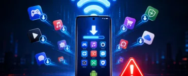 Mon téléphone : une image ou photo d'un smartphone Android au centre de l’image, connecté à un symbole Wi-Fi lumineux. Autour de l’écran, plusieurs icônes d’applications apparaissent et semblent se télécharger toutes seules.