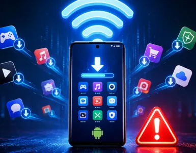 Mon téléphone : une image ou photo d'un smartphone Android au centre de l’image, connecté à un symbole Wi-Fi lumineux. Autour de l’écran, plusieurs icônes d’applications apparaissent et semblent se télécharger toutes seules.