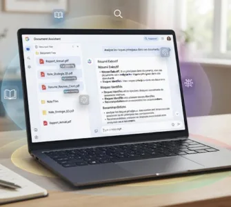 NotebookLM : image ou photo d'un ordinateur portable ouvert sur un bureau, avec plusieurs documents numériques, PDF et notes qui semblent être analysés par une intelligence artificielle. Au centre de l’écran, une interface inspirée d’un assistant documentaire, sans reproduire exactement l’interface officielle de Google.