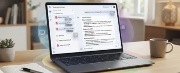 NotebookLM : image ou photo d'un ordinateur portable ouvert sur un bureau, avec plusieurs documents numériques, PDF et notes qui semblent être analysés par une intelligence artificielle. Au centre de l’écran, une interface inspirée d’un assistant documentaire, sans reproduire exactement l’interface officielle de Google.