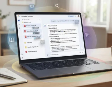 NotebookLM : image ou photo d'un ordinateur portable ouvert sur un bureau, avec plusieurs documents numériques, PDF et notes qui semblent être analysés par une intelligence artificielle. Au centre de l’écran, une interface inspirée d’un assistant documentaire, sans reproduire exactement l’interface officielle de Google.
