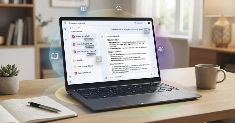 NotebookLM : image ou photo d'un ordinateur portable ouvert sur un bureau, avec plusieurs documents numériques, PDF et notes qui semblent être analysés par une intelligence artificielle. Au centre de l’écran, une interface inspirée d’un assistant documentaire, sans reproduire exactement l’interface officielle de Google.