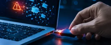 Retirer une clé USB sans l’éjecter : image ou photo d'une clé usb en train d’être retirée d’un ordinateur portable, avec une petite alerte rouge ou orange à l’écran. À côté, quelques fichiers ou icônes semblent “se casser” ou disparaître pour symboliser le risque de perte de données.