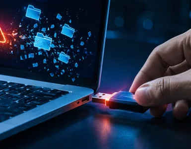 Retirer une clé USB sans l’éjecter : image ou photo d'une clé usb en train d’être retirée d’un ordinateur portable, avec une petite alerte rouge ou orange à l’écran. À côté, quelques fichiers ou icônes semblent “se casser” ou disparaître pour symboliser le risque de perte de données.