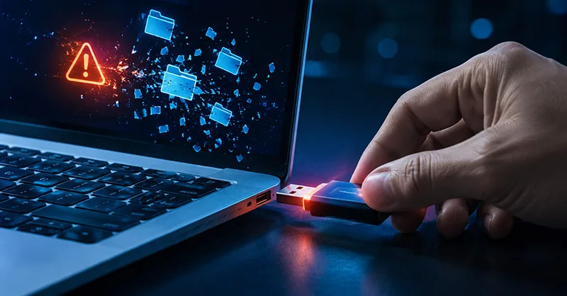 Retirer une clé USB sans l’éjecter : image ou photo d'une clé usb en train d’être retirée d’un ordinateur portable, avec une petite alerte rouge ou orange à l’écran. À côté, quelques fichiers ou icônes semblent “se casser” ou disparaître pour symboliser le risque de perte de données.