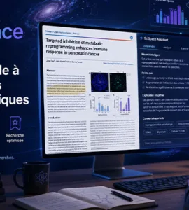 SciSpace : image ou photo d'un étudiant ou un chercheur devant son ordinateur, avec un article scientifique affiché à l’écran.