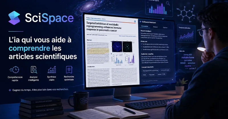 SciSpace : image ou photo d'un étudiant ou un chercheur devant son ordinateur, avec un article scientifique affiché à l’écran.