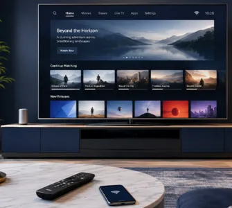 Smart TV : image ou photo d'un salon moderne et lumineux avec une grande Smart TV à écran plat, interface de streaming élégante avec vignettes génériques sans logos ni marques, télécommande sur une table basse, smartphone à proximité, symbole wifi discret.
