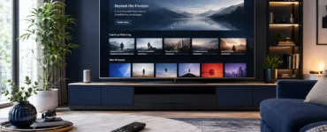 Smart TV : image ou photo d'un salon moderne et lumineux avec une grande Smart TV à écran plat, interface de streaming élégante avec vignettes génériques sans logos ni marques, télécommande sur une table basse, smartphone à proximité, symbole wifi discret.
