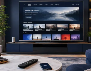 Smart TV : image ou photo d'un salon moderne et lumineux avec une grande Smart TV à écran plat, interface de streaming élégante avec vignettes génériques sans logos ni marques, télécommande sur une table basse, smartphone à proximité, symbole wifi discret.