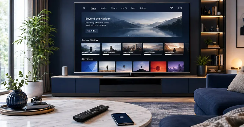 Smart TV : image ou photo d'un salon moderne et lumineux avec une grande Smart TV à écran plat, interface de streaming élégante avec vignettes génériques sans logos ni marques, télécommande sur une table basse, smartphone à proximité, symbole wifi discret.