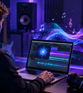 Udio AI : image ou photo affichant un jeune créateur assis devant un ordinateur portable dans un petit studio moderne. Sur l’écran, afficher une interface musicale futuriste avec des ondes sonores, une timeline audio et des éléments visuels liés à la composition musicale.