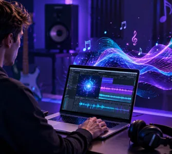 Udio AI : image ou photo affichant un jeune créateur assis devant un ordinateur portable dans un petit studio moderne. Sur l’écran, afficher une interface musicale futuriste avec des ondes sonores, une timeline audio et des éléments visuels liés à la composition musicale.