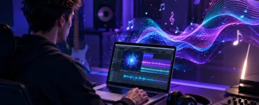 Udio AI : image ou photo affichant un jeune créateur assis devant un ordinateur portable dans un petit studio moderne. Sur l’écran, afficher une interface musicale futuriste avec des ondes sonores, une timeline audio et des éléments visuels liés à la composition musicale.