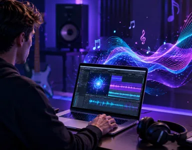 Udio AI : image ou photo affichant un jeune créateur assis devant un ordinateur portable dans un petit studio moderne. Sur l’écran, afficher une interface musicale futuriste avec des ondes sonores, une timeline audio et des éléments visuels liés à la composition musicale.