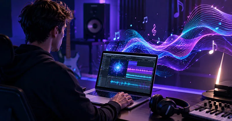 Udio AI : image ou photo affichant un jeune créateur assis devant un ordinateur portable dans un petit studio moderne. Sur l’écran, afficher une interface musicale futuriste avec des ondes sonores, une timeline audio et des éléments visuels liés à la composition musicale.