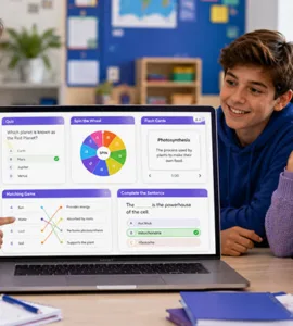 Wordwall : image ou photo montrant un enseignant devant un ordinateur portable avec plusieurs activités éducatives visibles à l'écran. Avec quelques élèves attentifs et motivés dans un environnement scolaire lumineux.