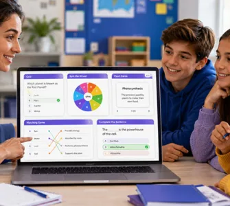 Wordwall : image ou photo montrant un enseignant devant un ordinateur portable avec plusieurs activités éducatives visibles à l'écran. Avec quelques élèves attentifs et motivés dans un environnement scolaire lumineux.