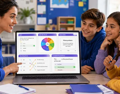 Wordwall : image ou photo montrant un enseignant devant un ordinateur portable avec plusieurs activités éducatives visibles à l'écran. Avec quelques élèves attentifs et motivés dans un environnement scolaire lumineux.