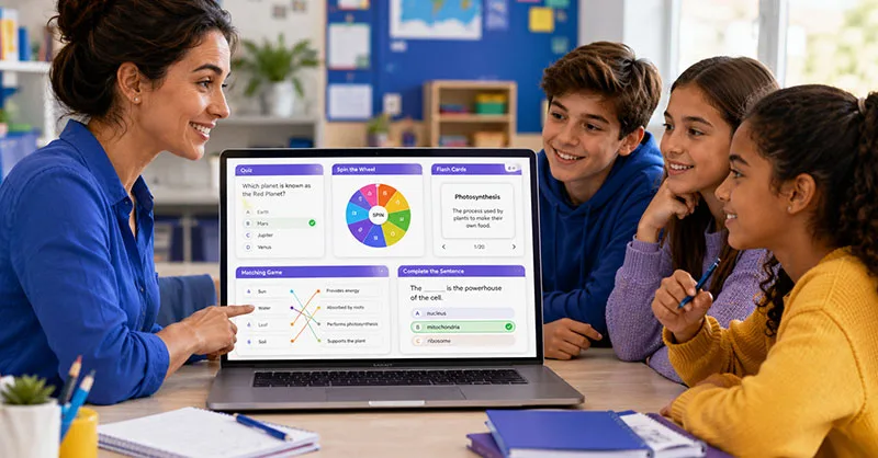 Wordwall : image ou photo montrant un enseignant devant un ordinateur portable avec plusieurs activités éducatives visibles à l'écran. Avec quelques élèves attentifs et motivés dans un environnement scolaire lumineux.