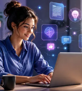 Writesonic : image ou photo d'un créateur de contenu devant un ordinateur portable, dans un espace de travail lumineux et chaleureux. Autour de l’écran, intégrer des éléments visuels subtils liés à l’intelligence artificielle, à la rédaction, au référencement naturel, aux réseaux sociaux et à la création d’articles.