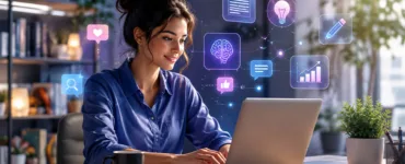 Writesonic : image ou photo d'un créateur de contenu devant un ordinateur portable, dans un espace de travail lumineux et chaleureux. Autour de l’écran, intégrer des éléments visuels subtils liés à l’intelligence artificielle, à la rédaction, au référencement naturel, aux réseaux sociaux et à la création d’articles.