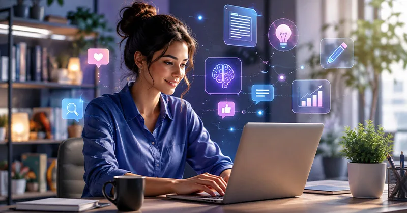 Writesonic : image ou photo d'un créateur de contenu devant un ordinateur portable, dans un espace de travail lumineux et chaleureux. Autour de l’écran, intégrer des éléments visuels subtils liés à l’intelligence artificielle, à la rédaction, au référencement naturel, aux réseaux sociaux et à la création d’articles.