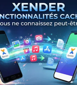 Xender : image ou photo montrant deux smartphones échangeant rapidement des fichiers, avec des icônes de photos, vidéos, musique, applications et documents qui circulent entre eux. En arrière-plan un ordinateur portable pour évoquer le transfert vers pc.