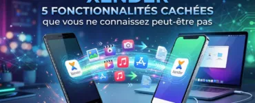 Xender : image ou photo montrant deux smartphones échangeant rapidement des fichiers, avec des icônes de photos, vidéos, musique, applications et documents qui circulent entre eux. En arrière-plan un ordinateur portable pour évoquer le transfert vers pc.