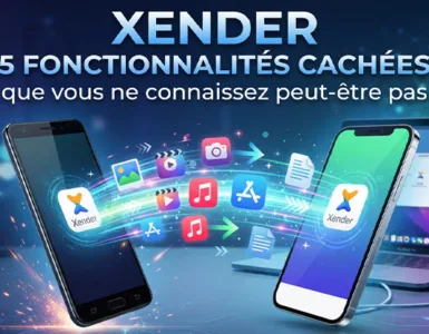Xender : image ou photo montrant deux smartphones échangeant rapidement des fichiers, avec des icônes de photos, vidéos, musique, applications et documents qui circulent entre eux. En arrière-plan un ordinateur portable pour évoquer le transfert vers pc.