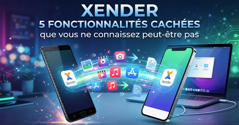 Xender : image ou photo montrant deux smartphones échangeant rapidement des fichiers, avec des icônes de photos, vidéos, musique, applications et documents qui circulent entre eux. En arrière-plan un ordinateur portable pour évoquer le transfert vers pc.