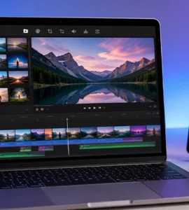 iMovie : image ou photo d'un bureau avec un macbook affichant une interface de montage vidéo inspirée d’iMovie, une timeline visible avec plusieurs séquences colorées, et un iphone posé à côté montrant une vidéo en cours de lecture.