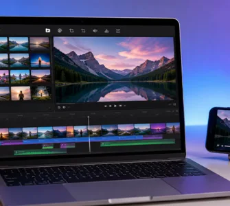 iMovie : image ou photo d'un bureau avec un macbook affichant une interface de montage vidéo inspirée d’iMovie, une timeline visible avec plusieurs séquences colorées, et un iphone posé à côté montrant une vidéo en cours de lecture.